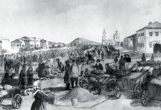 Никольская гора-На рынке с. Промзина. Рисунок 1912 года